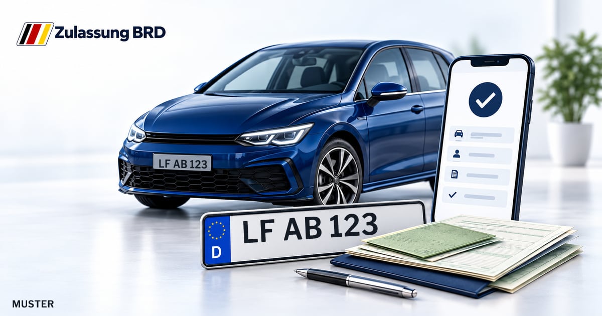Online Fahrzeugzulassung in Altötting: Musterkennzeichen LF AB 123, Auto und Fahrzeugpapiere und Smartphone. Illustration mit Logo von Zulassung BRD.